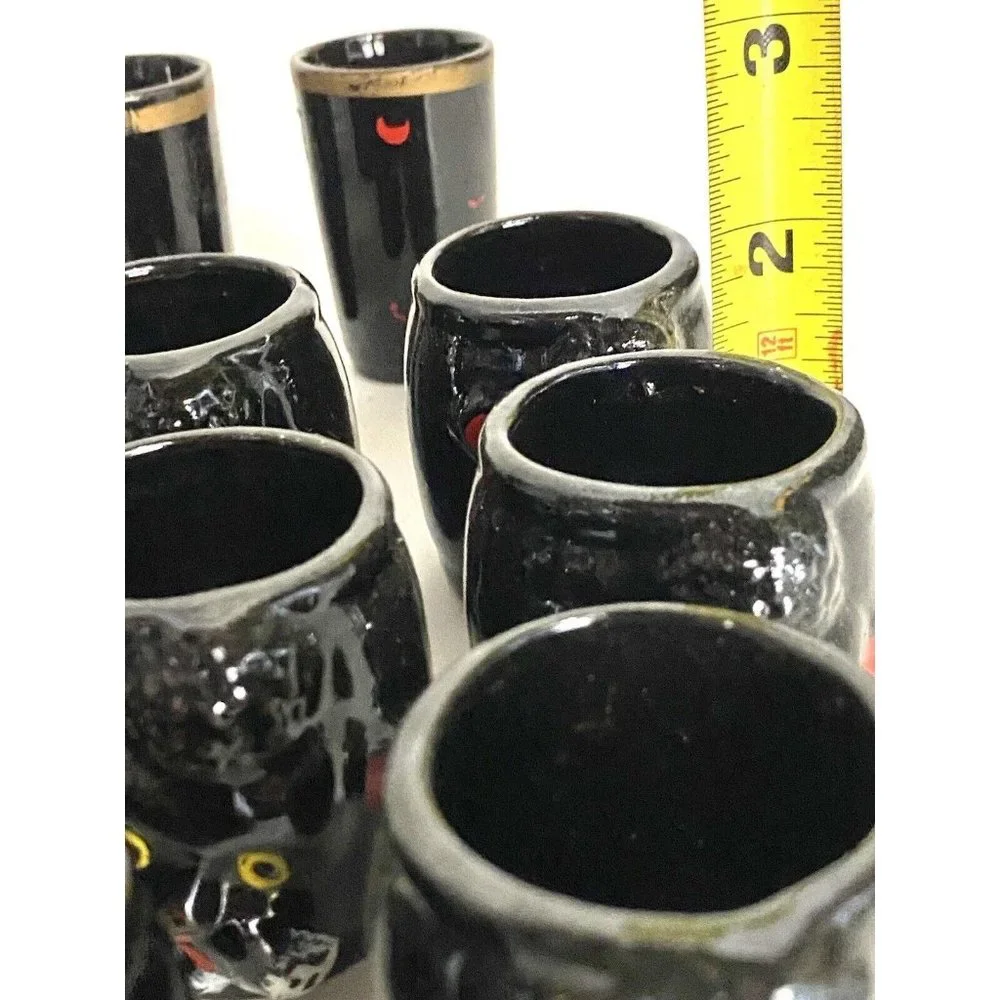 15  Ceramic Black Poodle Dog Face MCM Mini Tea Cups Shot Glasses‎ Japan